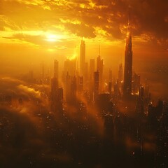 Futuristic city skyline at sunset, shrouded in fog and orange light.