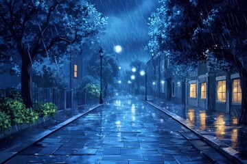Rainy night street scene; blue tones, cobblestone road, streetlights. Perfect for websites, blogs, or projects needing a melancholic, atmospheric backdrop.