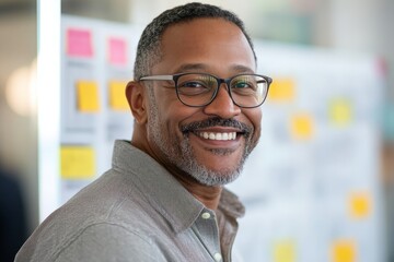 Obraz premium Cheerful man wearing glasses poses confidently in front of a strategic planning board