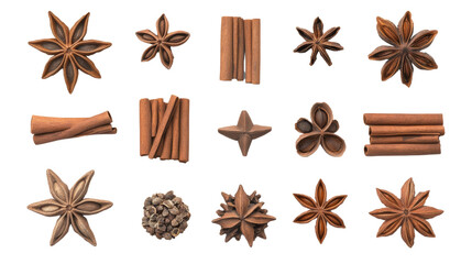 Set cinnamon sticks and star anise seeds isolated on transparent background