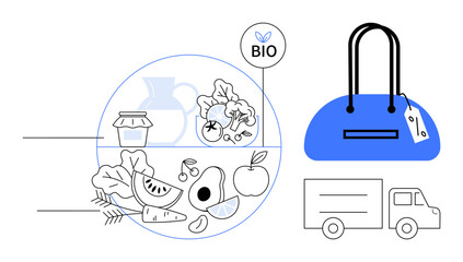 Bio and organic food assortment with fruits and vegetables, a reusable grocery bag, and a delivery truck. Ideal for sustainable living, organic farming, healthy eating, food delivery services