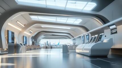 Futuristic airport terminal with fully automated check-in and boarding systems