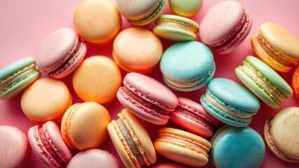 Fototapeta premium A delightful assortment of colorful macarons, each shell delicately crafted, showcasing a spectrum of pastel hues and creamy fillings.