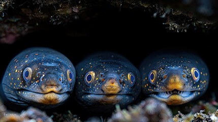 Three spotted moray eels peering from a crevice in a dark underwater environment.