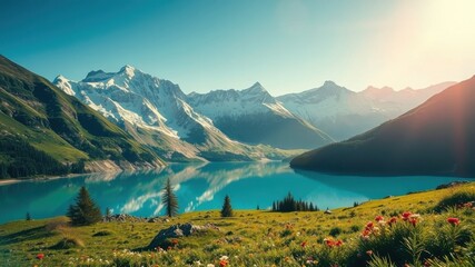 A serene mountain lake nestled amidst snow-capped peaks, its turquoise waters reflecting the azure sky and the surrounding verdant slopes, creating a picturesque landscape of natural beauty.