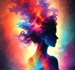 Illustration of woman silhouette with dramatic multicolor smoke background.