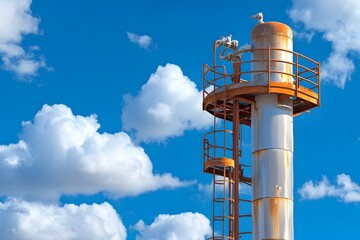 An abandoned steel mill tower, with rusted metal pipes and sculptures on the top, against a cloudy sky