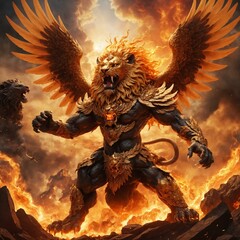 An epic fantasy illustration featuring a fierce battle between a majestic Garuda with golden wings and a powerful lion with a fiery mane. Set against the backdrop of a blazing sunset and engulfed in d