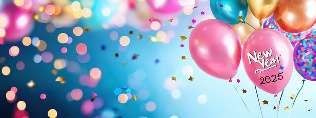 Label featuring New Year 2025 in soft glowing gradients and party patterns