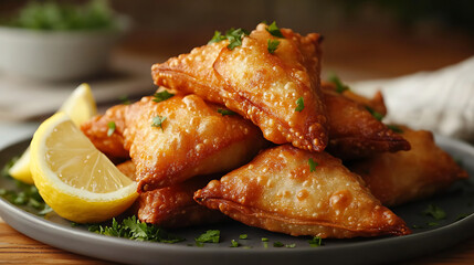 Side view of freshly fried samosas with flaky, golden crusts, stacked on a plate
