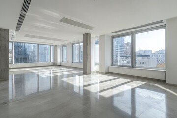 Fototapeta premium Sleek modern office interior with expansive city view and bright white walls for business settings