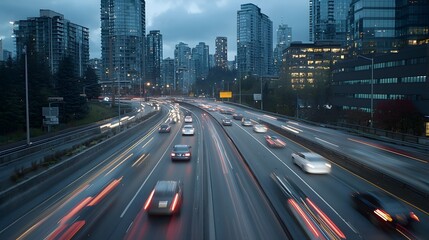 Obraz premium A Long Exposure of Highway at Night Featuring Vibrant City Lights and Traffic Flowing Through Urban Landscape with Skyscrapers and Buildings in Background