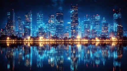 Fototapeta premium Modern city skyline at night with glowing skyscrapers reflecting on calm water, perfect for urban lifestyle, technology themes, business presentations, and futuristic backgrounds in blue tones