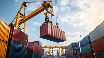 A crane carefully maneuvering an intermodal shipping container in a busy port, showcasing the intricate logistics of cargo handling and transportation
