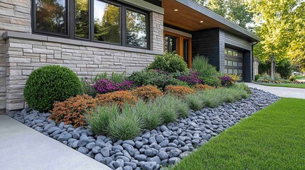 Obraz premium Modern home's landscape design featuring stone edging, colorful flowers, and lush green lawn.