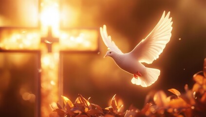 A striking image of faith, featuring a flying dove and a cross.