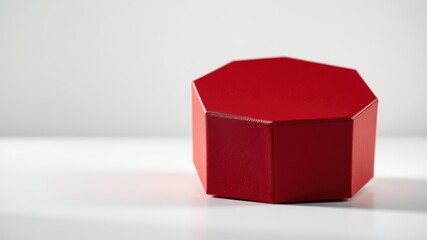 A crimson octagonal box sits on a pristine white surface, casting a subtle shadow and offering a blank canvas for imagination.