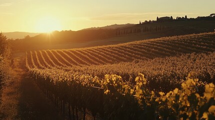 Golden sunset over rolling vineyard hills.