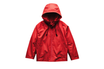 Bright red waterproof jacket with hood designed for outdoor activities in changing weather conditions