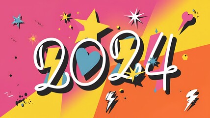 A Colorful 2024 New Year Design with Hearts and Stars