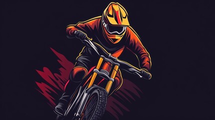 A dynamic illustration of a mountain biker racing with energy and motion.