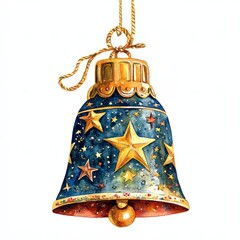 Watercolor painting of a Christmas bell with a star pattern, on isolated white background