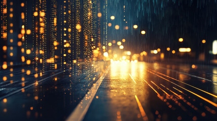 Digital cityscape with rain and glowing lights creating vibrant atmosphere
