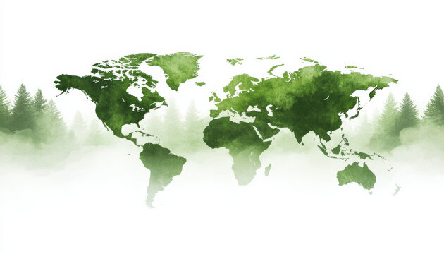 green watercolor world map with forest silhouettes in background