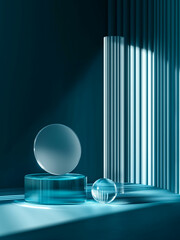 Minimalist abstract composition with floating glass shapes and a blue gradient background, evoking elegance and modernity.