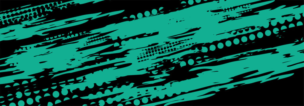 Abstract teal and black graphic design with patterns.