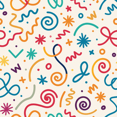Colorful abstract seamless pattern with hand-drawn doodles.