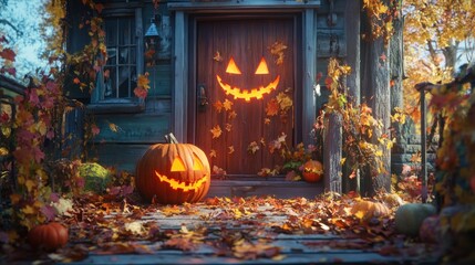 Obraz premium Autumnal Halloween Scene With Jack O Lantern Pumpkins