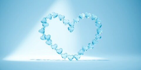 A delicate heart shape composed of numerous translucent blue hearts, suspended in mid-air against a soft blue backdrop