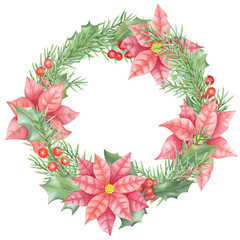 Christmas decoration. Watercolor wreath of fir branches, poinsettia and holly leaves