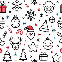 Seamless Christmas pattern with festive icons Santa, reindeer, snowflakes, gifts, candy canes, Christmas trees, ornaments, stars.