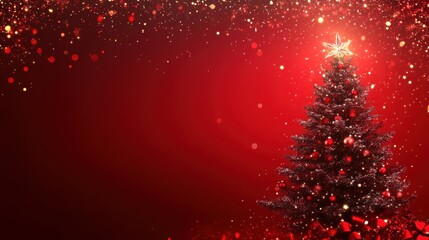 Dark red Christmas tree with gold star, red baubles, and sparkling background. Perfect for festive holiday cards, websites, and winter season greetings.