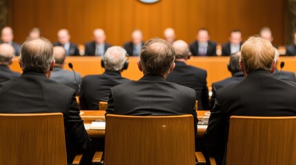 Obraz premium Corporate meeting discussing economic policies conference room business event professional environment wide angle viewpoint governance concepts
