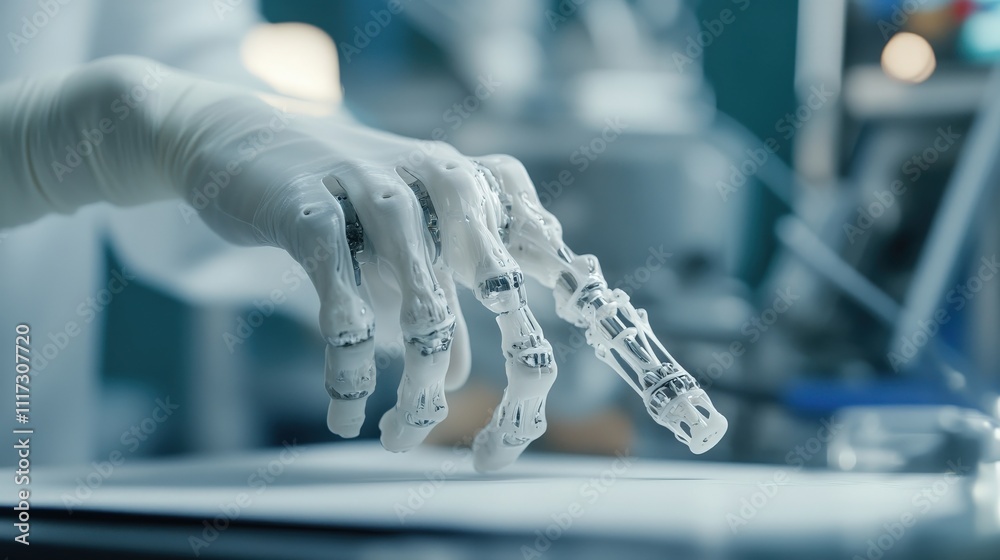 Poster transparent robotic hand with articulated fingers demonstrating advanced technology in a laboratory 