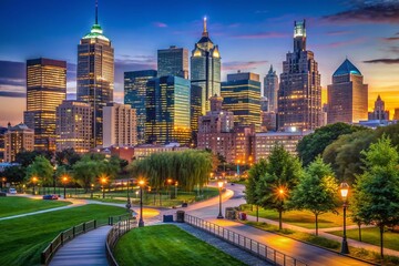 Obraz premium Philadelphia Skyline from Cira Green Park, Pennsylvania, USA - AI Photorealistic
