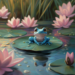 Whimsical Frog on Lily Pad in a Tranquil Lotus Pond