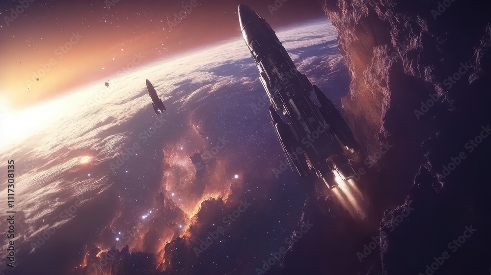 Wall mural futuristic spacecraft launch into space with vibrant nebula clouds and planets in the background.