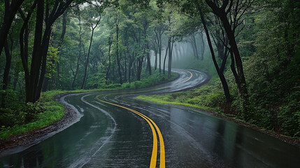 Rain-Soaked Path Through a Serene Woodland