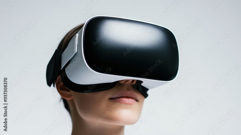 Poster a woman experiencing virtual reality with a modern vr headset, showcasing advanced technology and im