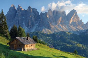 Obraz premium Wooden hut nestled in a grassy valley beneath towering, sunlit peaks.