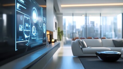 Futuristic smart home concept with holographic controls and sleek modern design