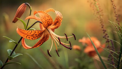 Striking Orange Tiger Lily Flower with Graceful Curved Petals in a Meadow