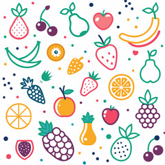 Colorful fruit pattern with various fruits like strawberry, banana, pear, apple, and more.