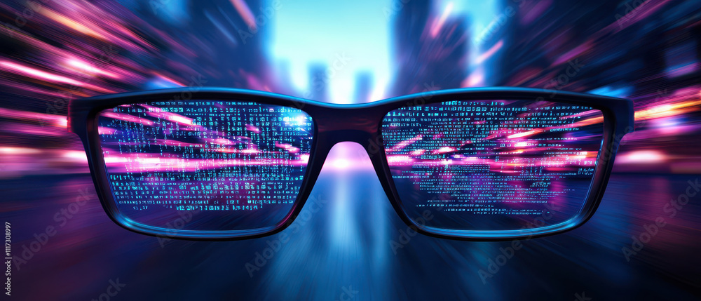 Poster augmented reality glasses displaying real time binary data in city