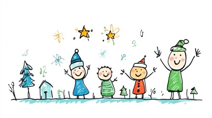 Fototapeta premium Cheerful Hand-Drawn Illustration of Happy Family Celebrating Christmas with Festive Decorations and Joyful Expressions in a Winter Wonderland Scene