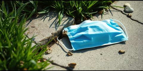 A discarded blue face mask lies forgotten on the ground, a stark reminder of the pandemic's impact on our environment